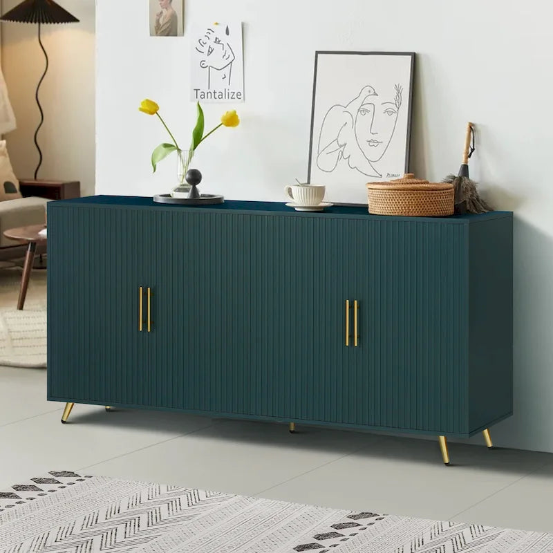 Meuble TV et buffet à 4 portes Bleu marine / Blanc antique, compatible avec un téléviseur jusqu'à 65 po