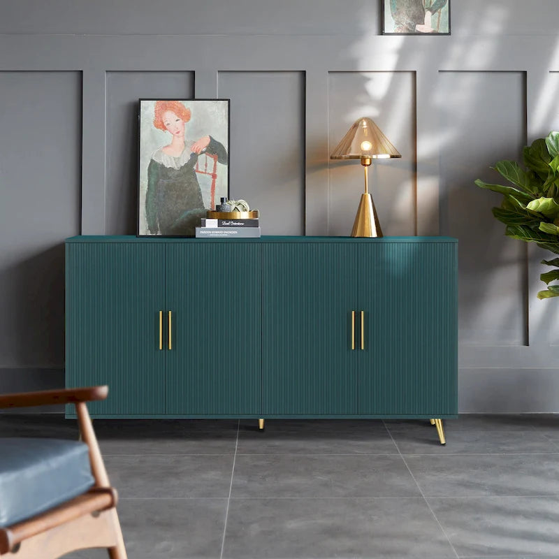 Meuble TV et buffet à 4 portes Bleu marine / Blanc antique, compatible avec un téléviseur jusqu'à 65 po