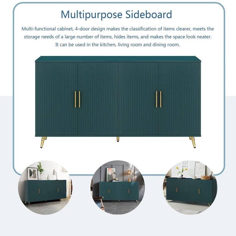 Meuble TV et buffet à 4 portes Bleu marine / Blanc antique, compatible avec un téléviseur jusqu'à 65 po