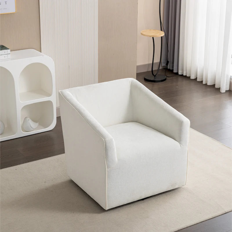 Fauteuil pivotant rond en chenille gris et blanc, une place