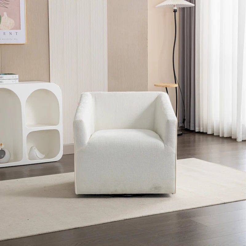 Fauteuil pivotant rond en chenille gris et blanc, une place
