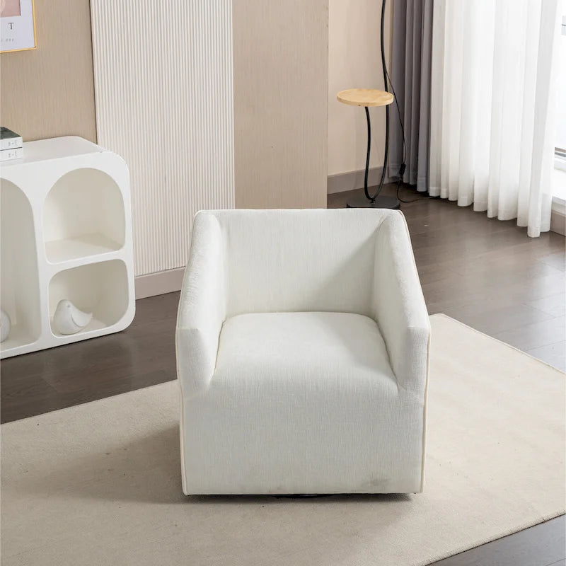 Fauteuil pivotant rond en chenille gris et blanc, une place