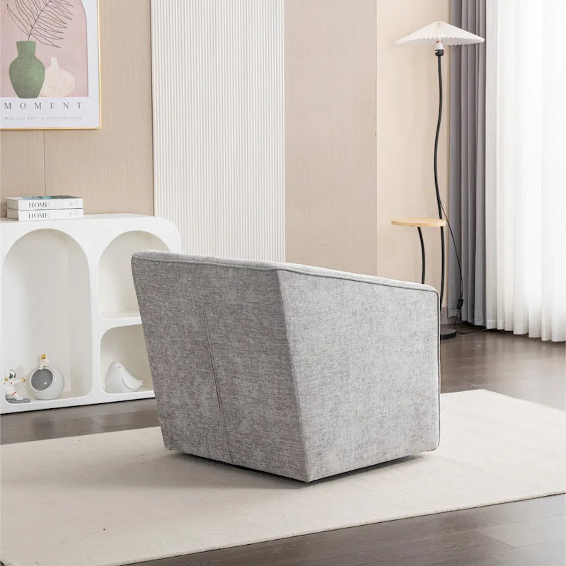 Fauteuil pivotant rond en chenille gris et blanc, une place