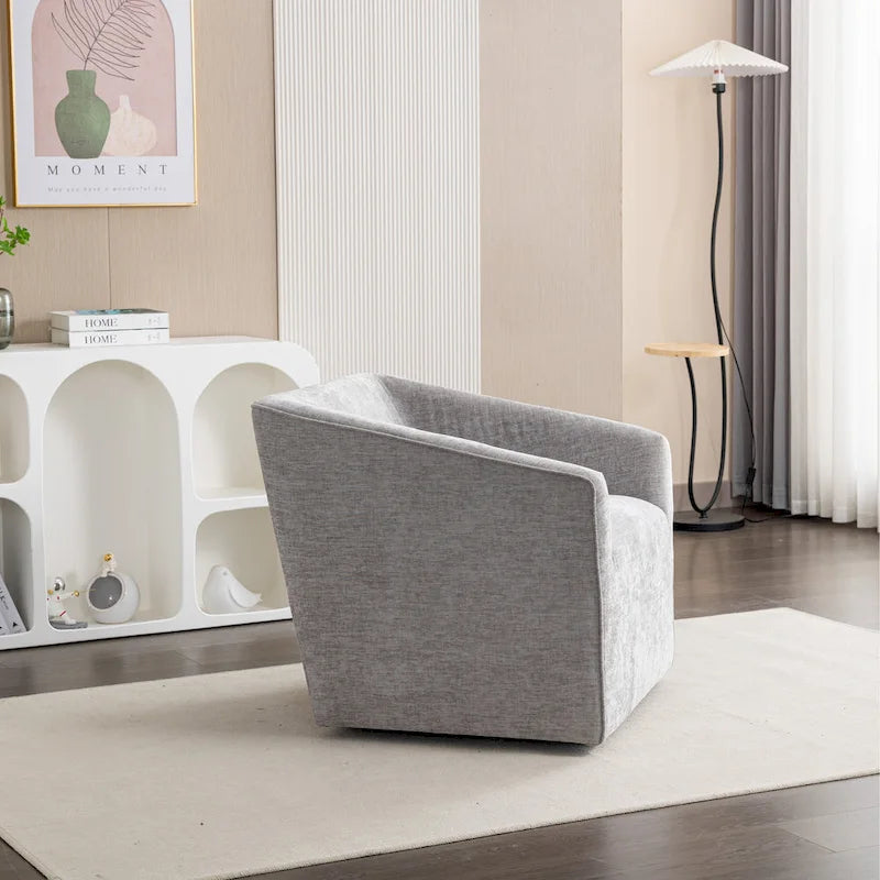 Fauteuil pivotant rond en chenille gris et blanc, une place