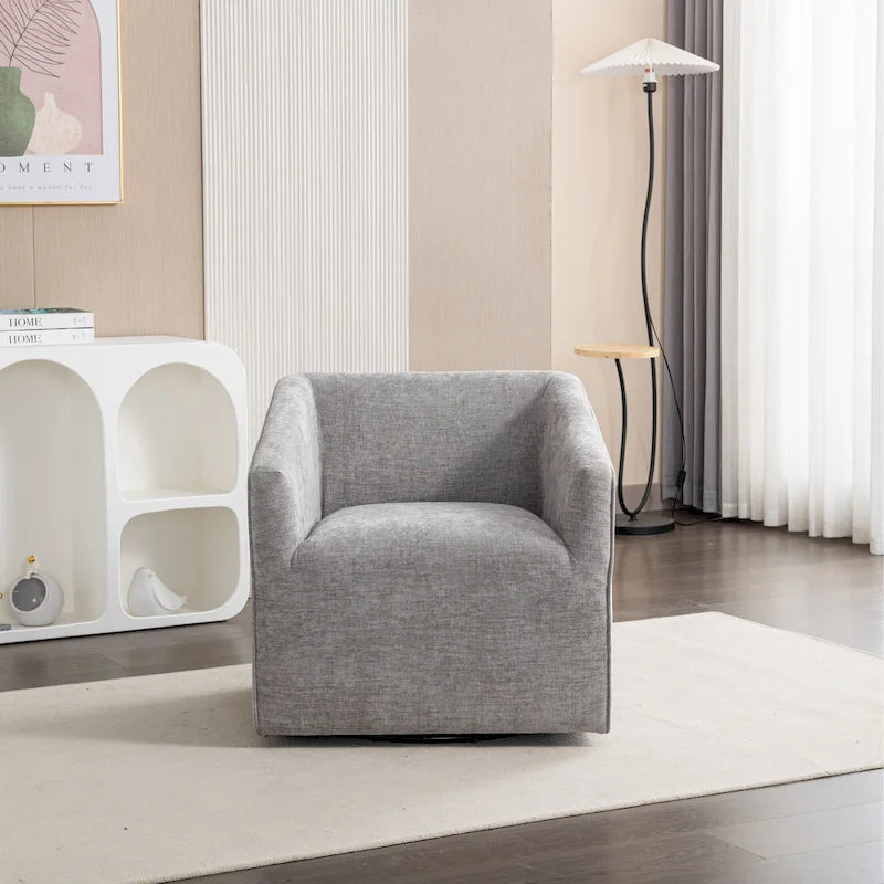 Fauteuil pivotant rond en chenille gris et blanc, une place