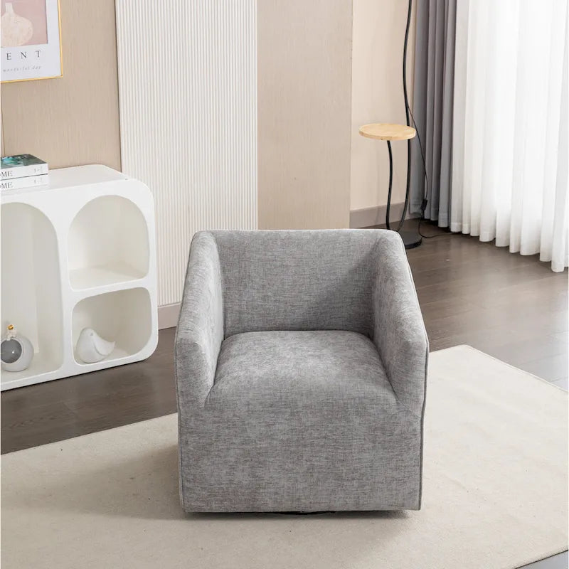 Fauteuil pivotant rond en chenille gris et blanc, une place