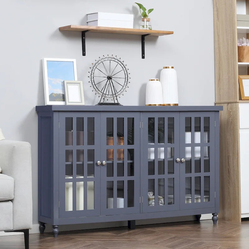 Buffet bas gris avec portes vitrées à carreaux, assemblage par 1 personne