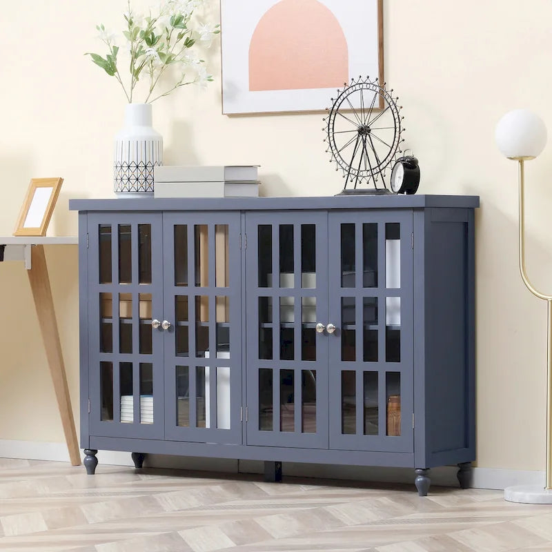Buffet bas gris avec portes vitrées à carreaux, assemblage par 1 personne