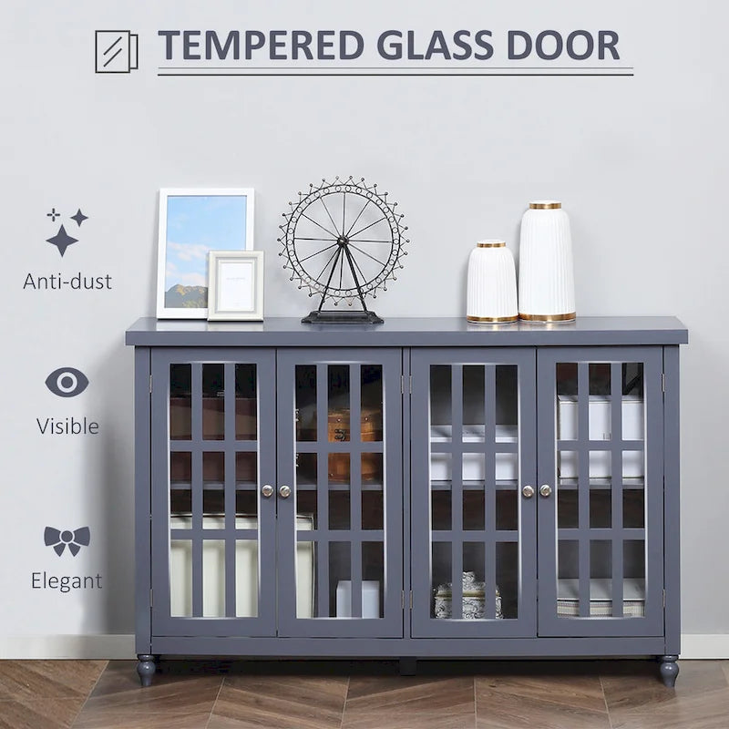 Buffet bas gris avec portes vitrées à carreaux, assemblage par 1 personne