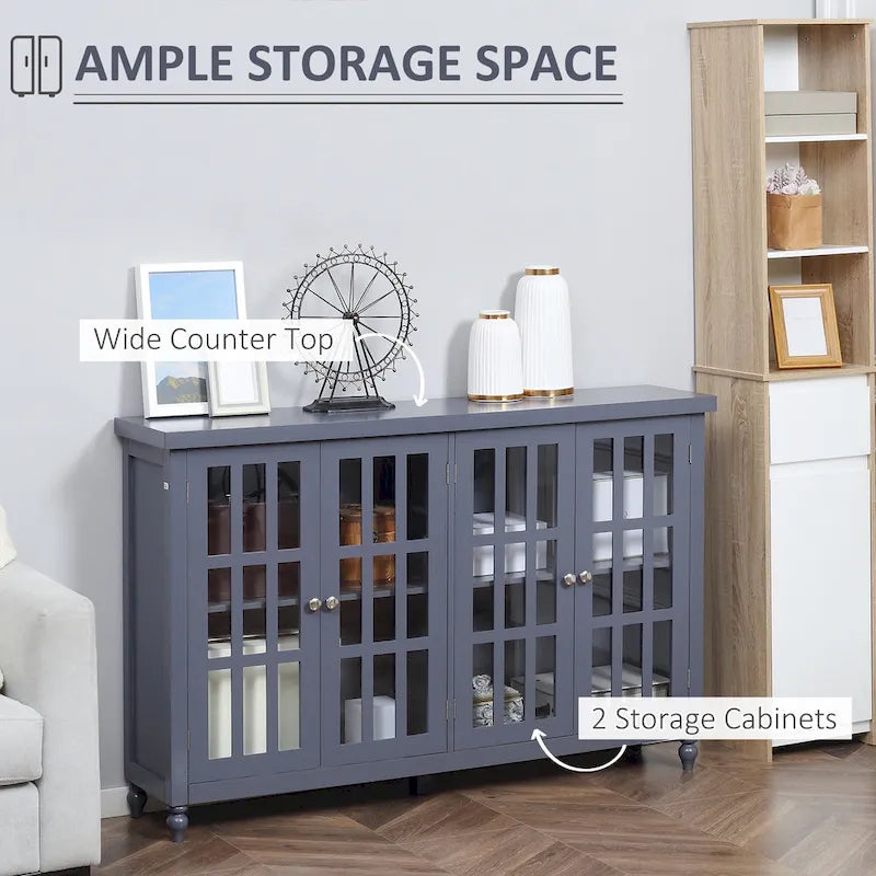 Buffet bas gris avec portes vitrées à carreaux, assemblage par 1 personne