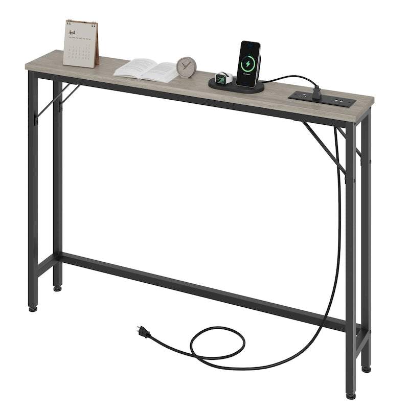 Console étroite gris/marron/noir avec prises, Minimaliste, 1 personne