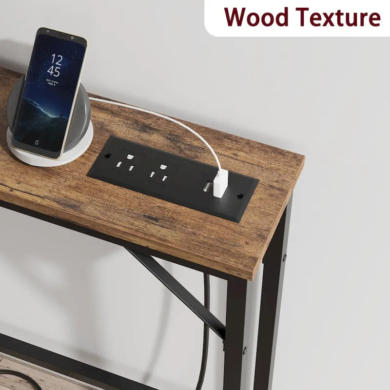 Console étroite gris/marron/noir avec prises, Minimaliste, 1 personne