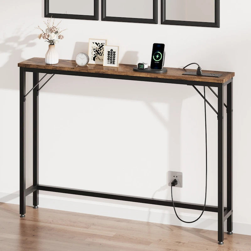 Console étroite gris/marron/noir avec prises, Minimaliste, 1 personne
