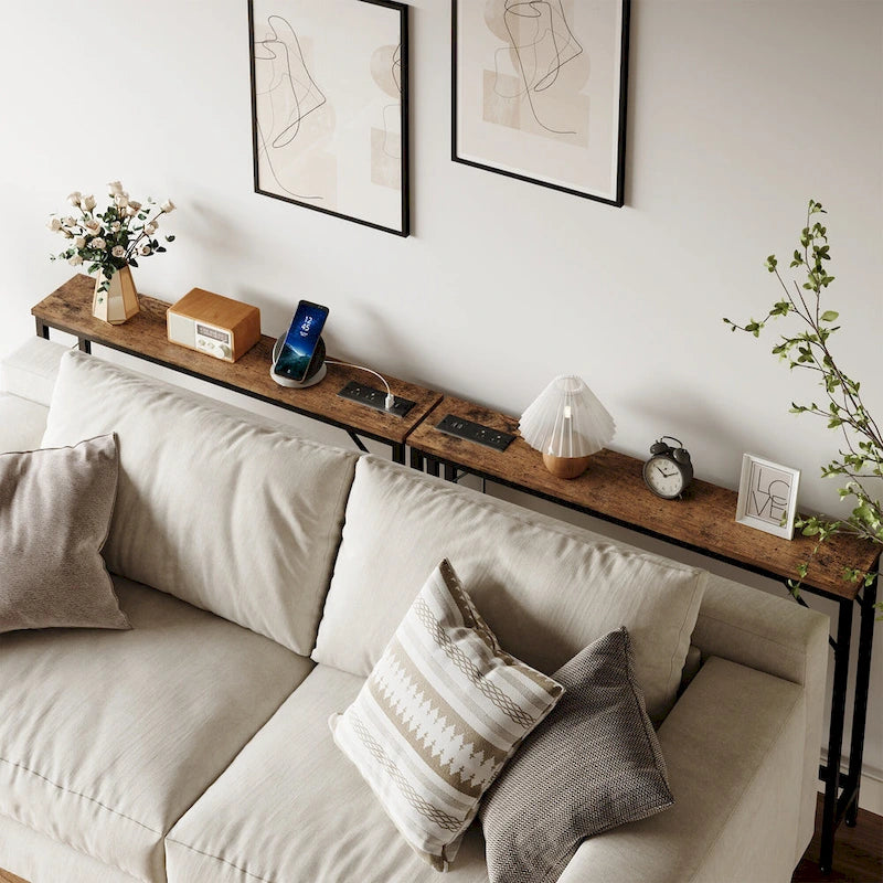 Console étroite gris/marron/noir avec prises, Minimaliste, 1 personne