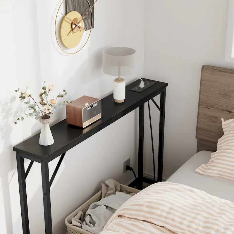 Console étroite gris/marron/noir avec prises, Minimaliste, 1 personne