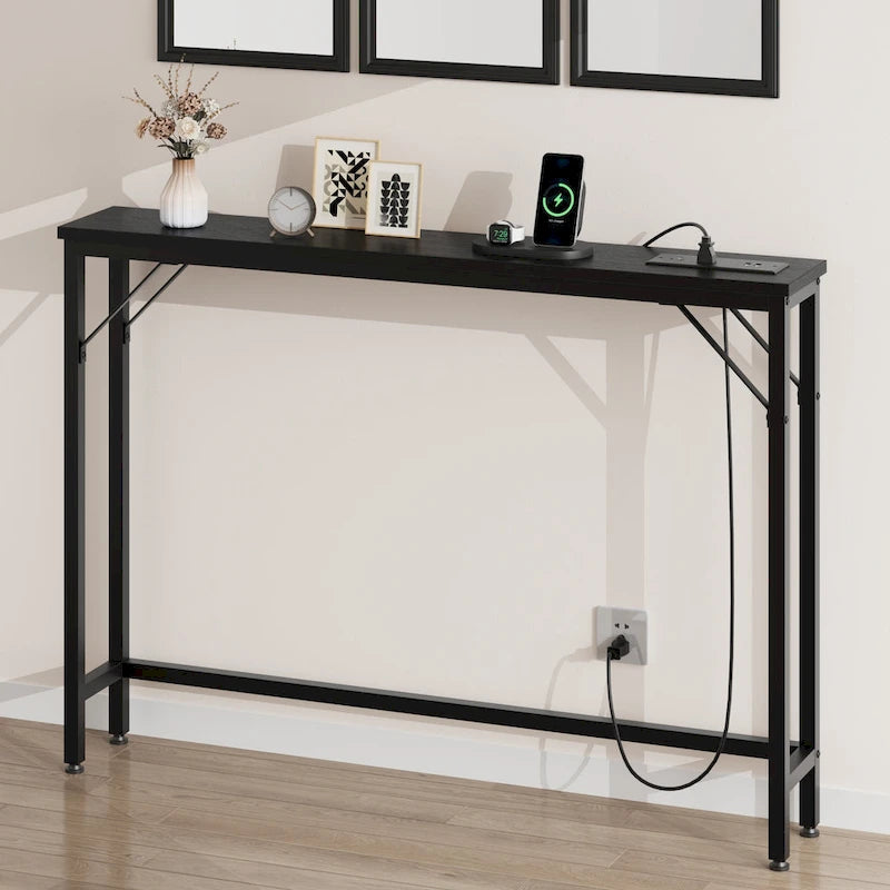 Console étroite gris/marron/noir avec prises, Minimaliste, 1 personne