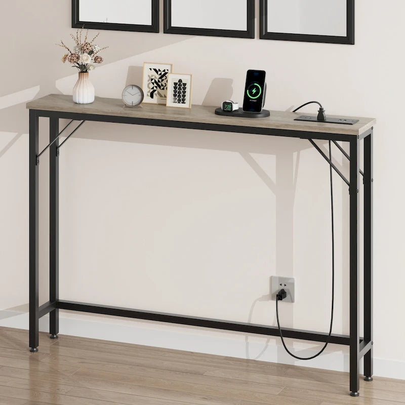 Console étroite gris/marron/noir avec prises, Minimaliste, 1 personne