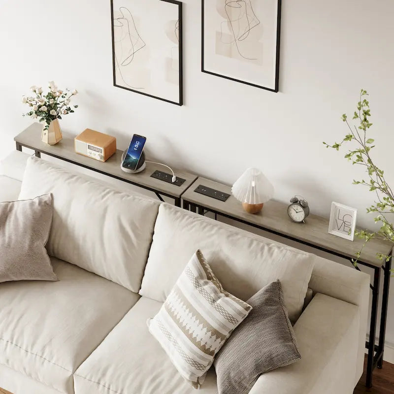 Console étroite gris/marron/noir avec prises, Minimaliste, 1 personne