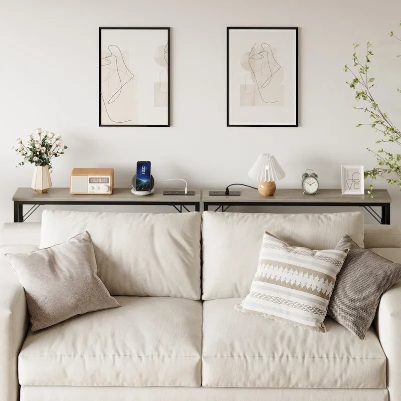 Console étroite gris/marron/noir avec prises, Minimaliste, 1 personne