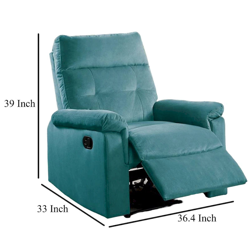Fauteuil inclinable manuel en velours bleu sarcelle, capitonné, 1 place