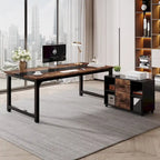 Bureau d'angle en L noir et marron avec meuble de classement mobile, ensemble de bureau à domicile pour une personne