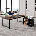 Bureau d'angle en L noir et marron avec meuble de classement mobile, ensemble de bureau à domicile pour une personne