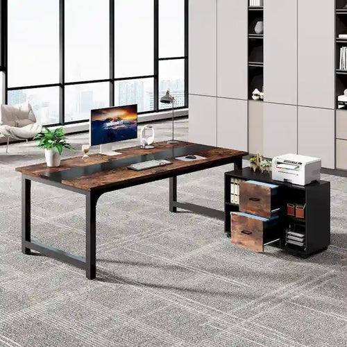 Bureau d'angle en L noir et marron avec meuble de classement mobile, ensemble de bureau à domicile pour une personne