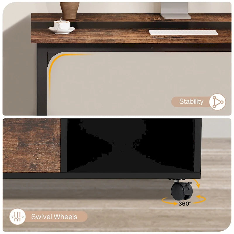 Bureau d'angle en L noir et marron avec meuble de classement mobile, ensemble de bureau à domicile pour une personne