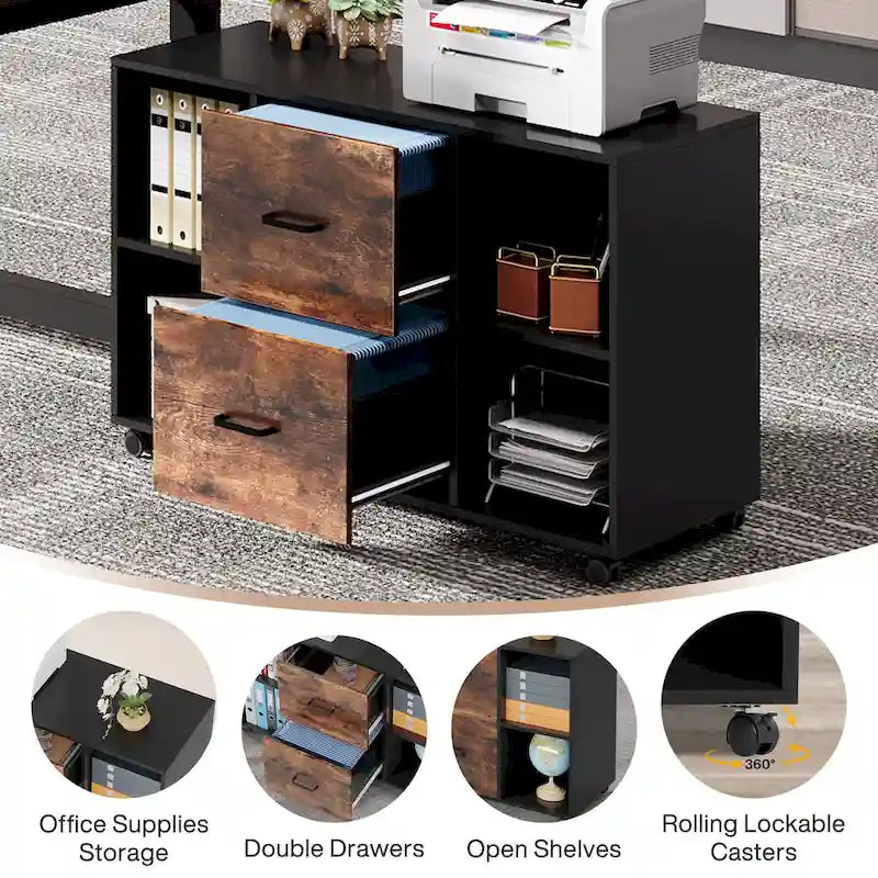 Bureau d'angle en L noir et marron avec meuble de classement mobile, ensemble de bureau à domicile pour une personne