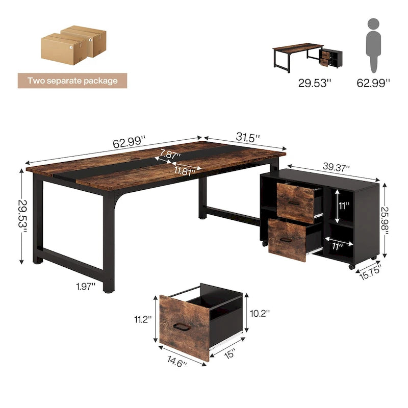 Bureau d'angle en L noir et marron avec meuble de classement mobile, ensemble de bureau à domicile pour une personne