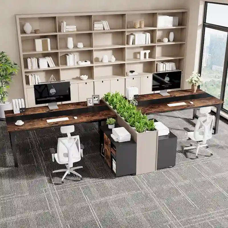 Bureau d'angle en L noir et marron avec meuble de classement mobile, ensemble de bureau à domicile pour une personne