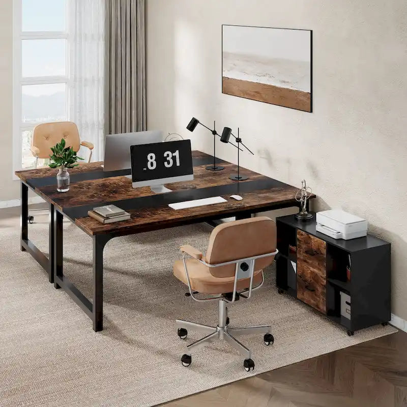 Bureau d'angle en L noir et marron avec meuble de classement mobile, ensemble de bureau à domicile pour une personne