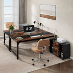 Bureau d'angle en L noir et marron avec meuble de classement mobile, ensemble de bureau à domicile pour une personne