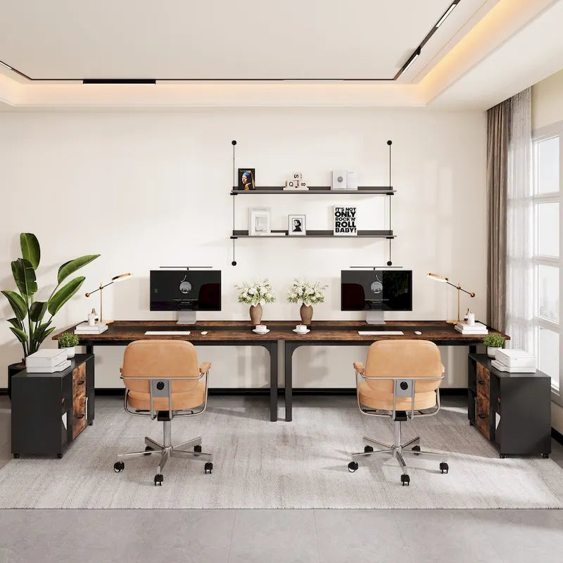 Bureau d'angle en L noir et marron avec meuble de classement mobile, ensemble de bureau à domicile pour une personne