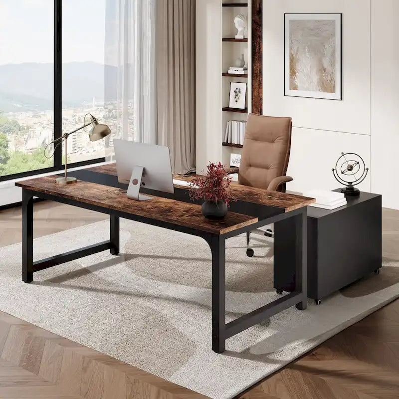 Bureau d'angle en L noir et marron avec meuble de classement mobile, ensemble de bureau à domicile pour une personne