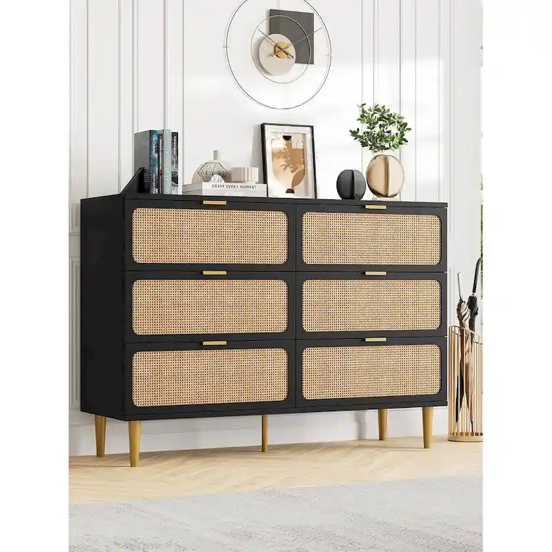 Commode à 6 tiroirs en rotin blanc/noir/naturel avec pieds en métal