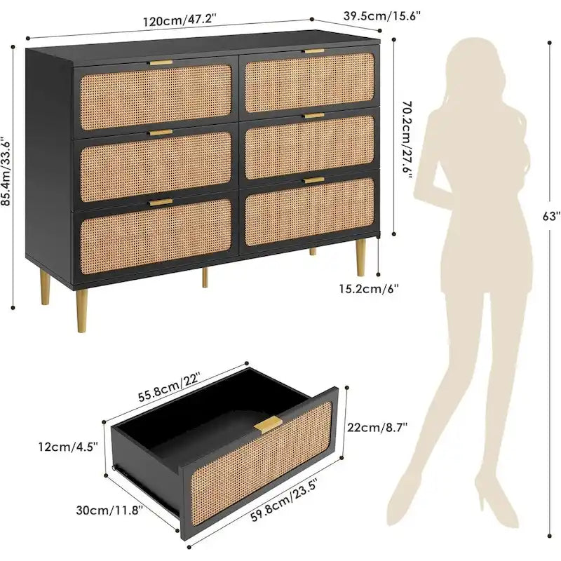 Commode à 6 tiroirs en rotin blanc/noir/naturel avec pieds en métal