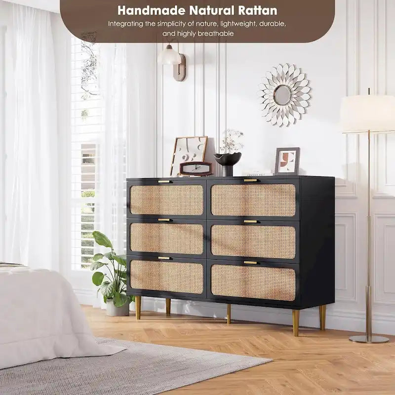 Commode à 6 tiroirs en rotin blanc/noir/naturel avec pieds en métal