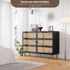 Commode à 6 tiroirs en rotin blanc/noir/naturel avec pieds en métal