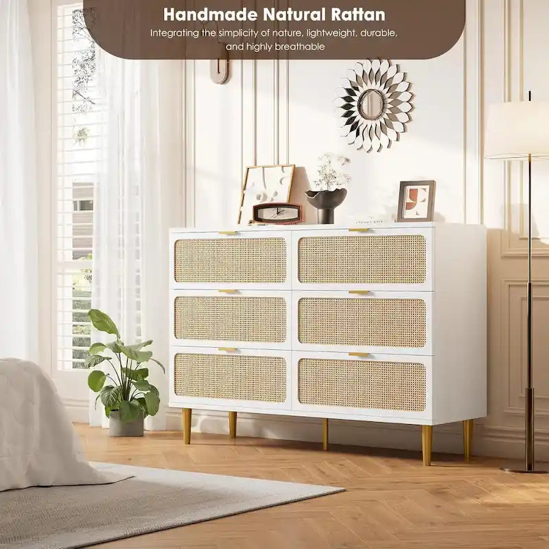 Commode à 6 tiroirs en rotin blanc/noir/naturel avec pieds en métal