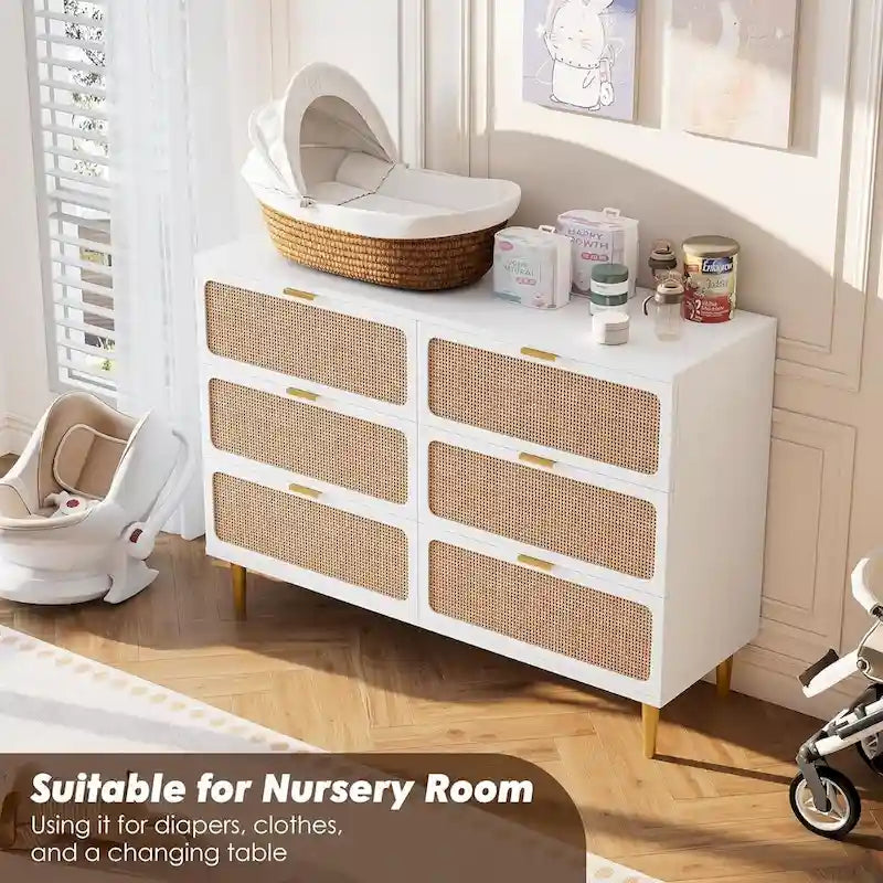 Commode à 6 tiroirs en rotin blanc/noir/naturel avec pieds en métal