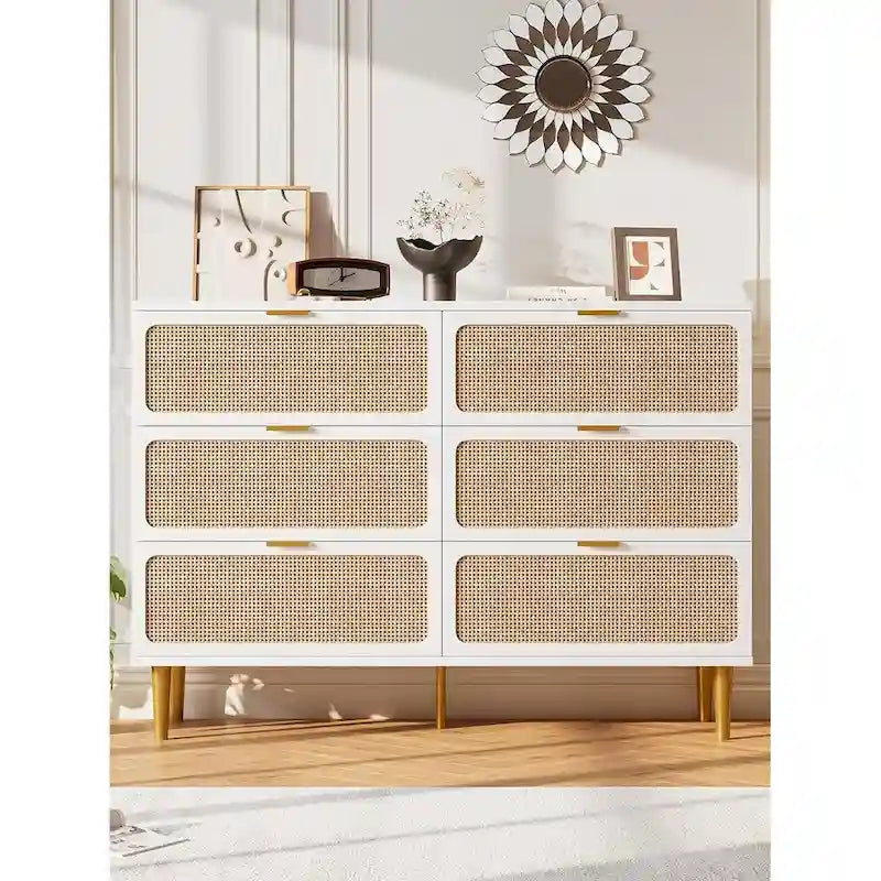 Commode à 6 tiroirs en rotin blanc/noir/naturel avec pieds en métal