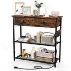 Console étroite Chêne Marron / Gris – 2 tiroirs, station de recharge, pour 1 personne