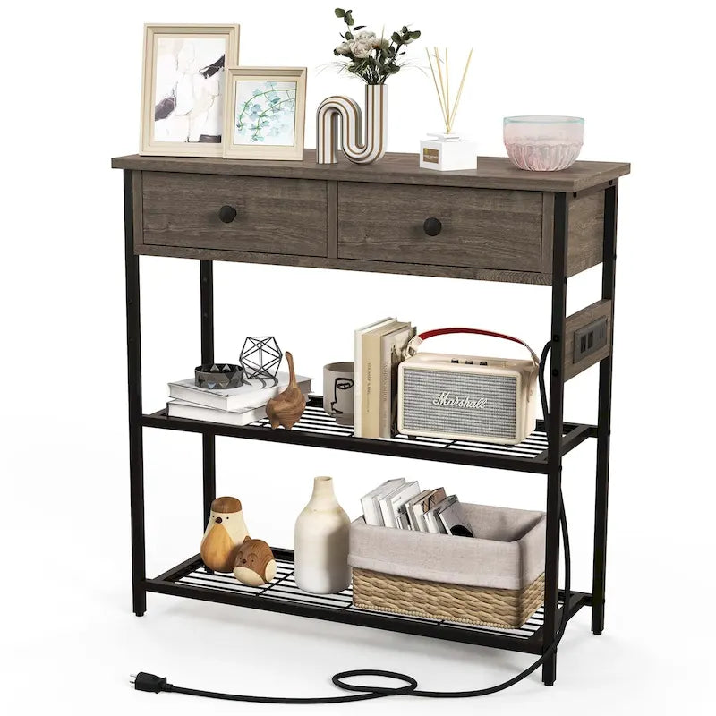 Console étroite Chêne Marron / Gris – 2 tiroirs, station de recharge, pour 1 personne