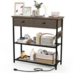 Console étroite Chêne Marron / Gris – 2 tiroirs, station de recharge, pour 1 personne