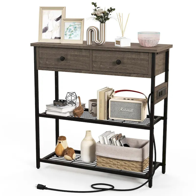 Console étroite Chêne Marron / Gris – 2 tiroirs, station de recharge, pour 1 personne