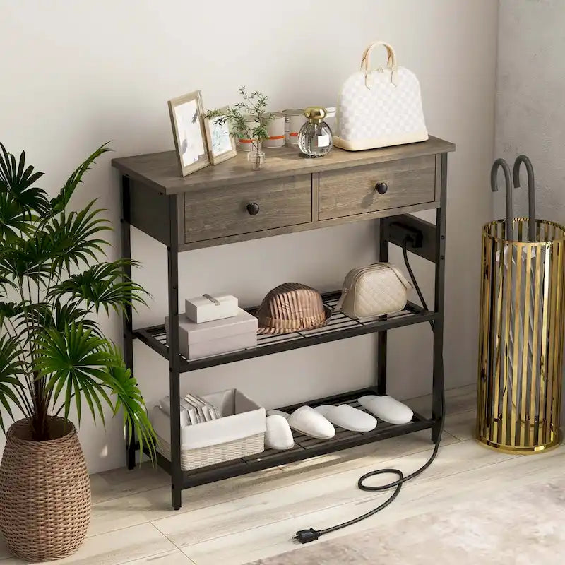 Console étroite Chêne Marron / Gris – 2 tiroirs, station de recharge, pour 1 personne