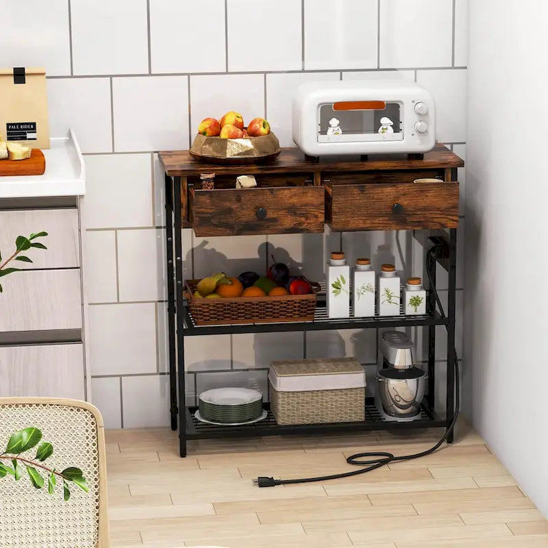 Console étroite Chêne Marron / Gris – 2 tiroirs, station de recharge, pour 1 personne