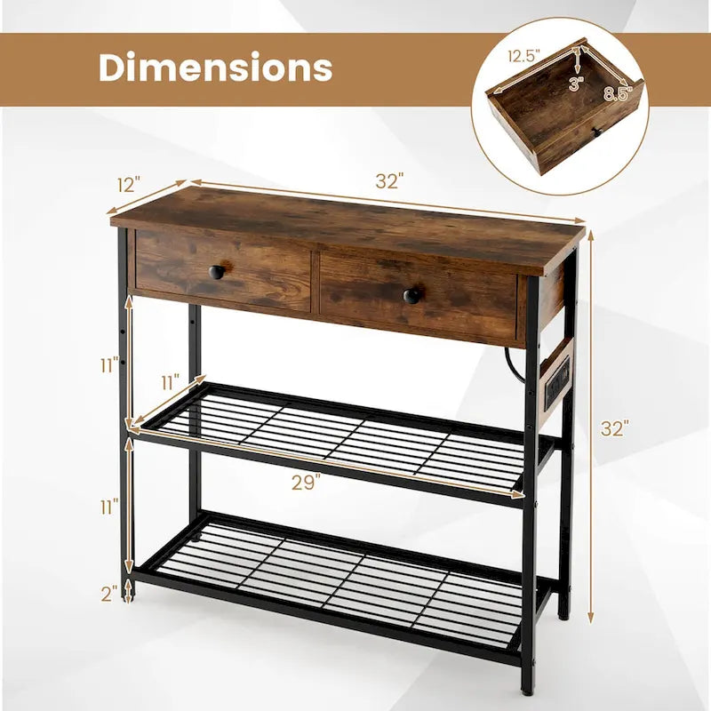 Console étroite Chêne Marron / Gris – 2 tiroirs, station de recharge, pour 1 personne