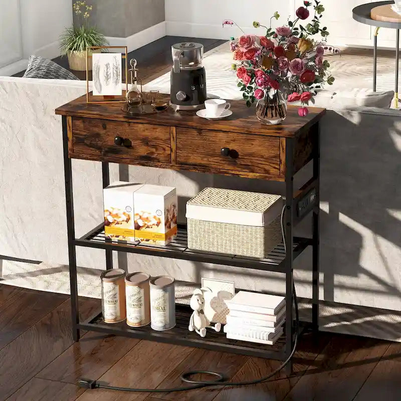 Console étroite Chêne Marron / Gris – 2 tiroirs, station de recharge, pour 1 personne